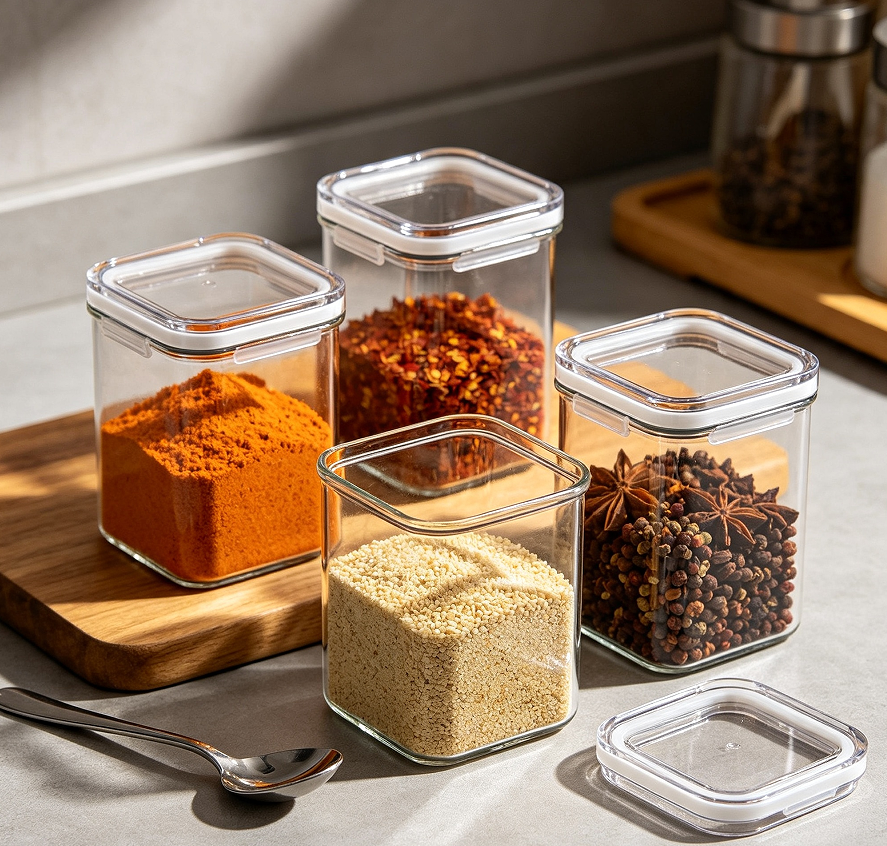 Square Glass Seasoning Jars For Kitchen Storage